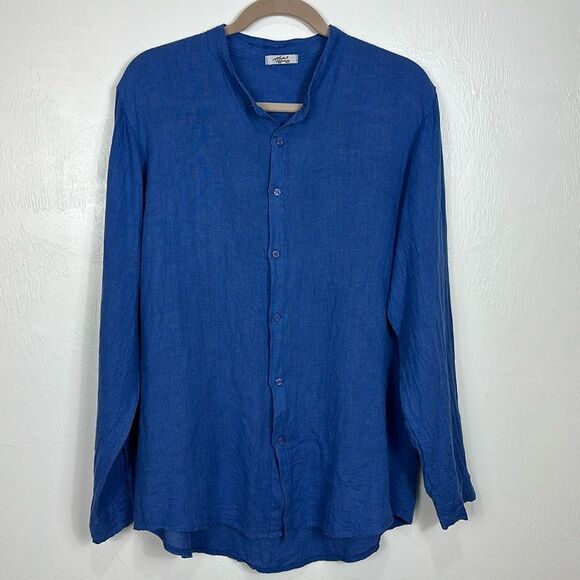 Moda Italia Linen Long Sleeve Band Collar Button Down Shirt In Blue Size XL - Picture 1 of 8